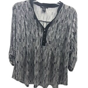 Robert Louis Blouse Women's XL Black White Geometric Stripe Roll Tab Tunic